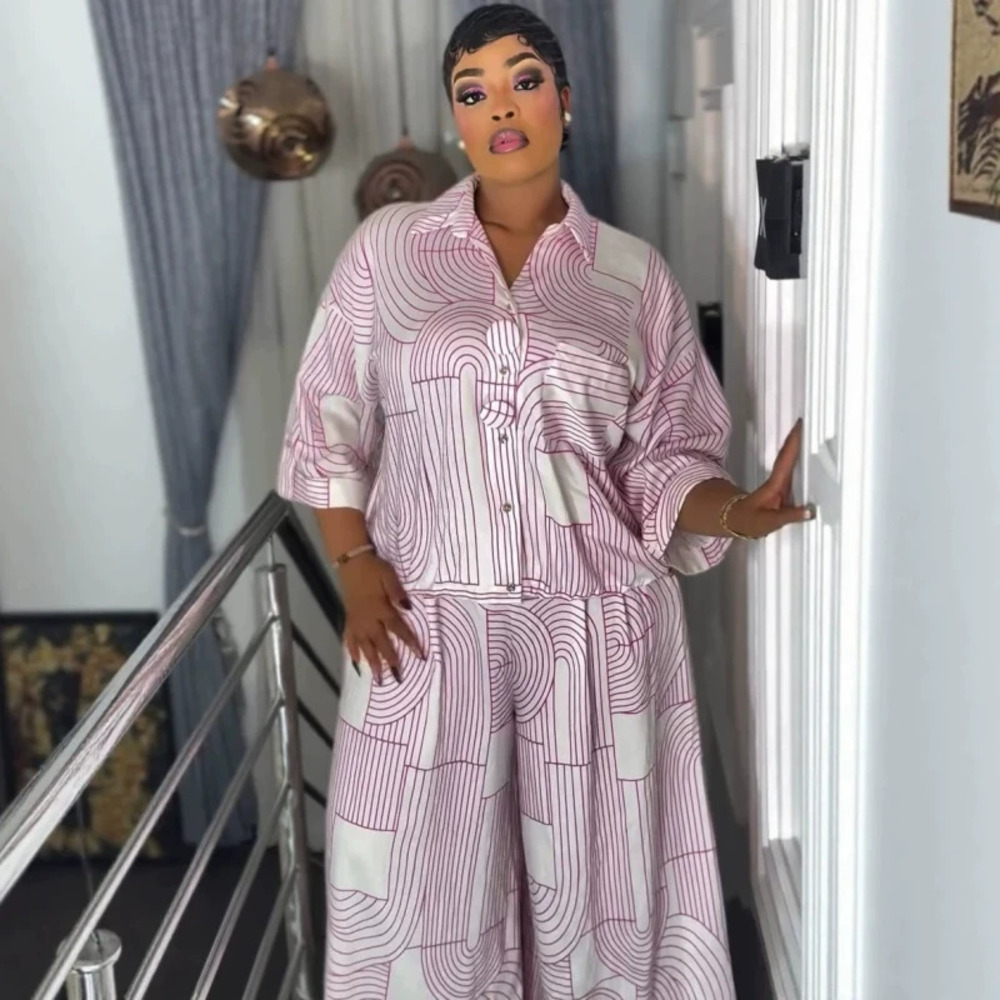 ZARA African Print Two Piece Set Loose Fit Shirt and Wide Leg Pants Plus Size
